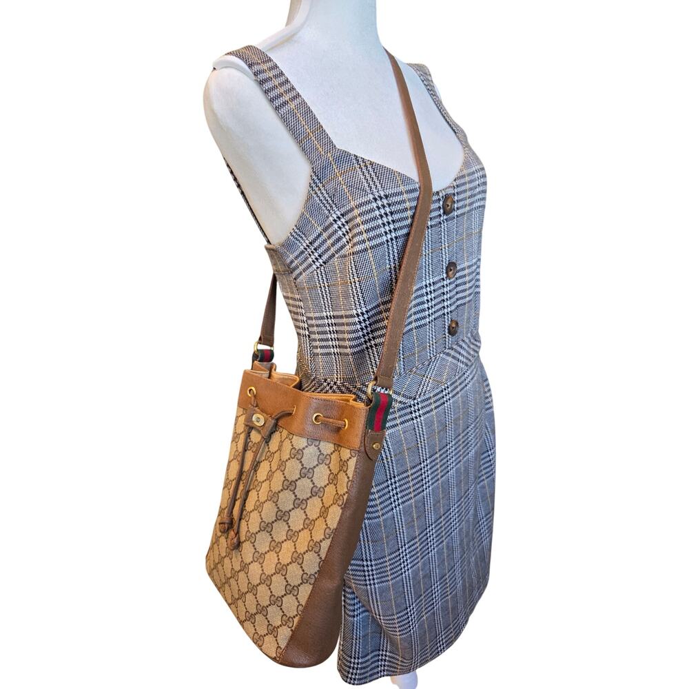 Gucci GG Supreme Monogram Bucket Bag Brown Leather Drawstring Vintage Web Stripe - Picture 2 of 15